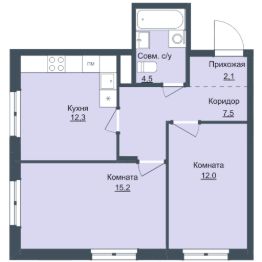 2-комн.кв., 54 м², этаж 1