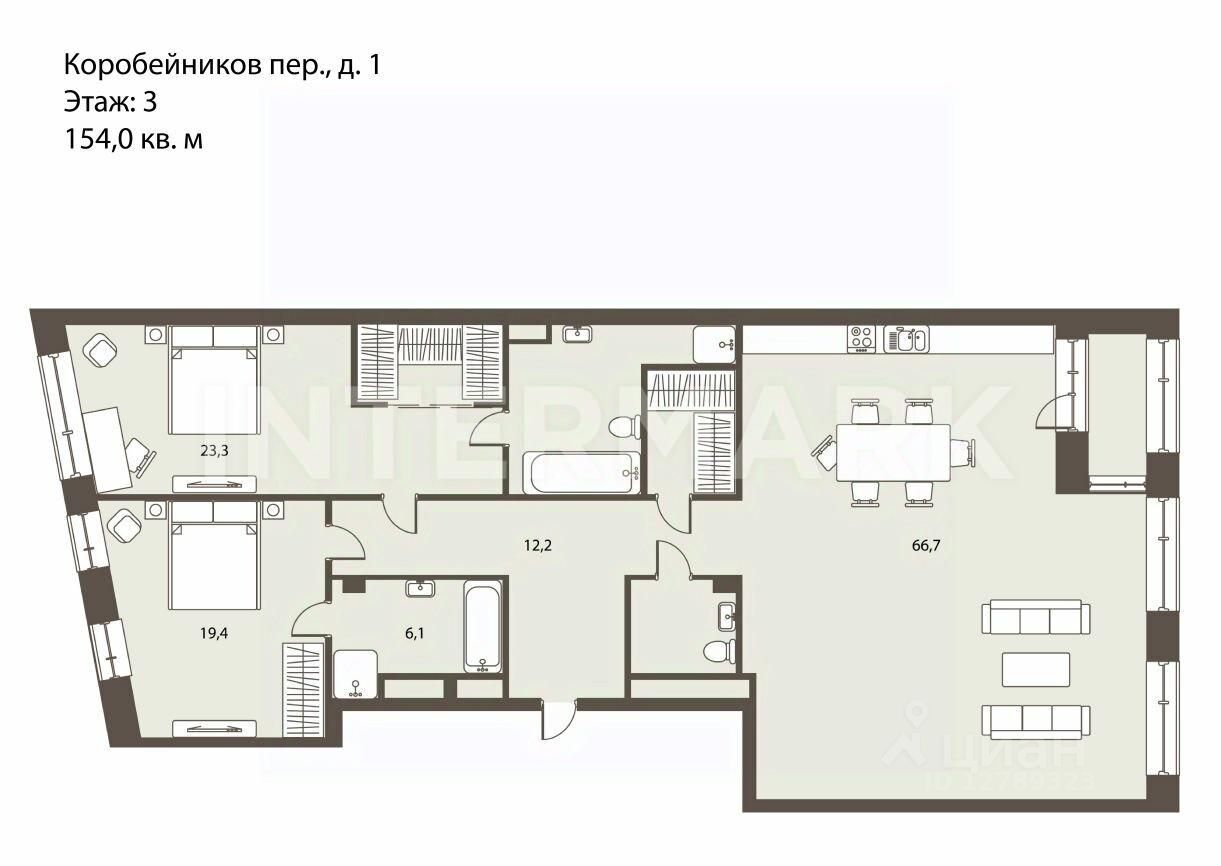 Продажа трехкомнатной квартиры 154м² пер. Коробейников, 1, Москва, м. Парк  Культуры - база ЦИАН, объявление 286383532