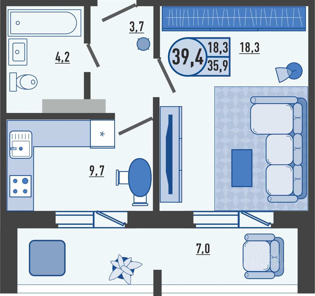 Продаю однокомнатную квартиру 39,4м² Раздольная ул., 11А, Орел, Орловская  область - база ЦИАН, объявление 303819242