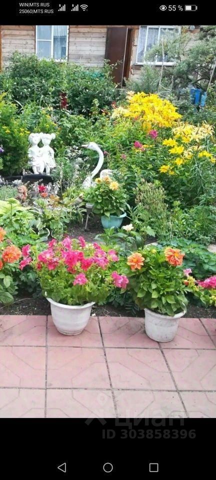 На переднем плане видны цветочные горшки с яркими цветами, включая розовые и оранжевые цветы. Просторный сад окружен зелеными растениями и кустарниками, создающими живописный ландшафт. В центре композиции находится декоративная фигурка, добавляющая элемент уюта. Плитка на земле выполнена в светлых тонах, что гармонично сочетается с яркими цветами. Общая атмосфера пространства спокойная и уютная, идеально подходящая для отдыха на свежем воздухе.