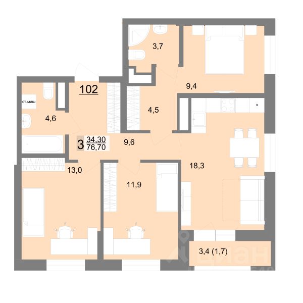 Продается3-комн.квартира,76,7м²