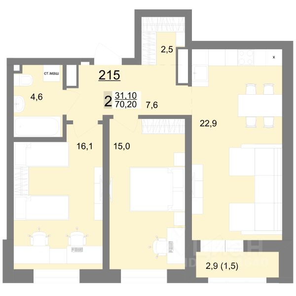 Продается2-комн.квартира,70,2м²