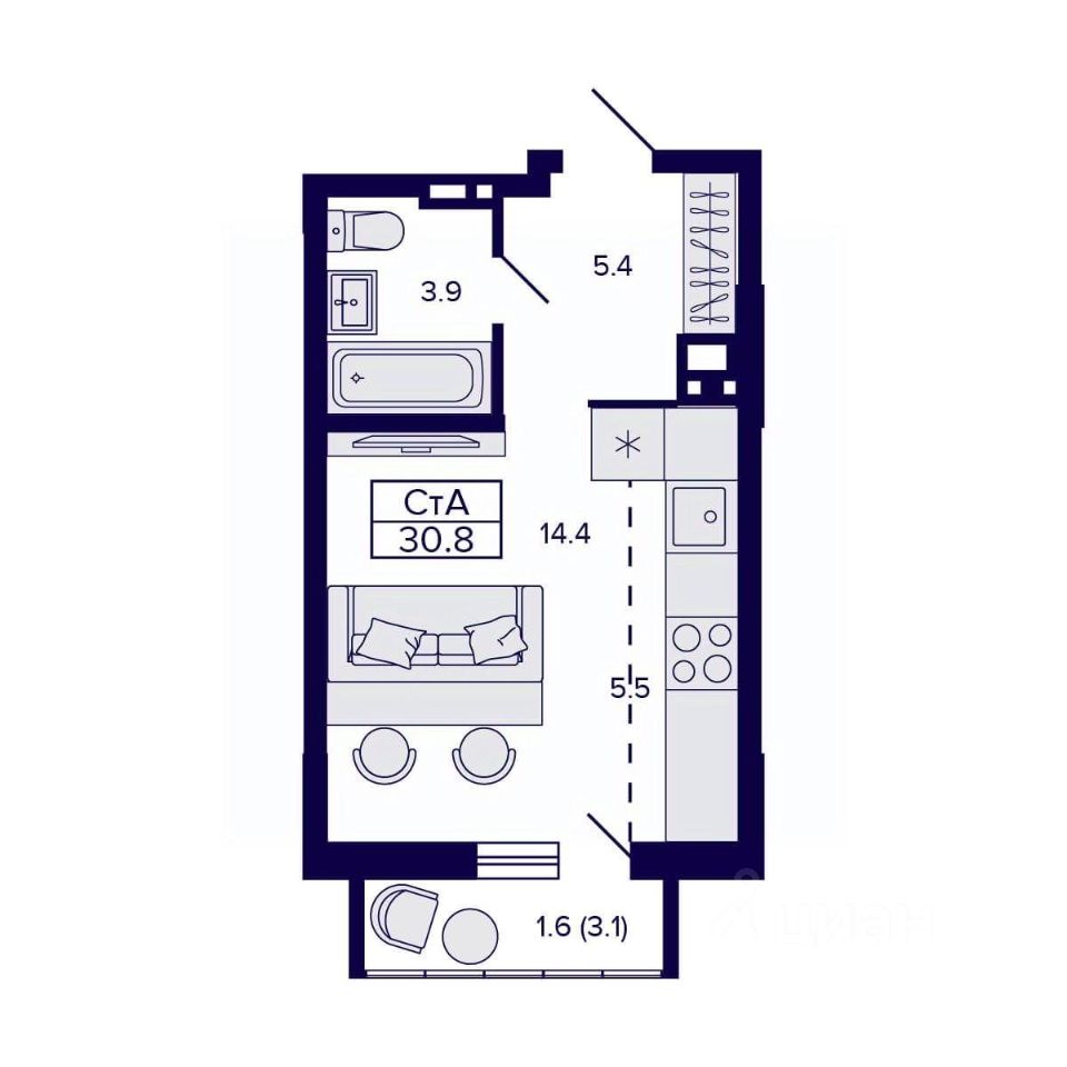 Купить однокомнатную квартиру 39,9м² ул. Коминтерна, 1с, Новосибирск,  Новосибирская область, м. Золотая Нива - база ЦИАН, объявление 303776133