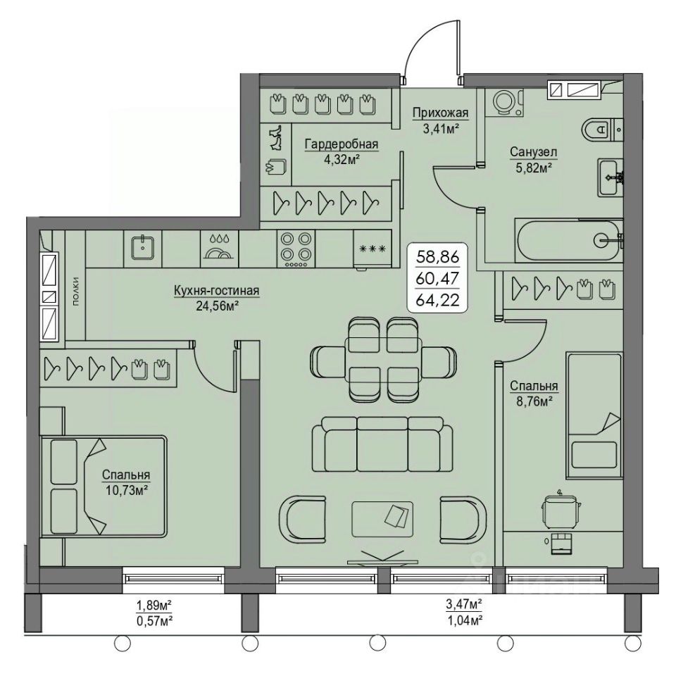 Купить двухкомнатную квартиру 60,5м² ул. Мыс Кунгасный, 3Б, Владивосток, Приморский  край - база ЦИАН, объявление 277660068