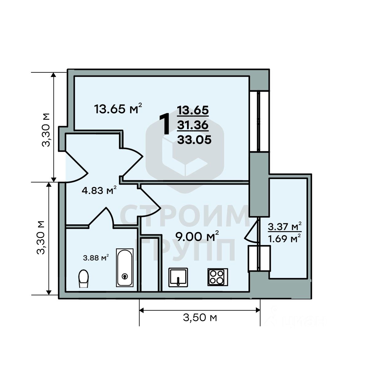 Продажа однокомнатной квартиры 33,1м² ул. Нижняя Дуброва, 49А, Владимир,  Владимирская область - база ЦИАН, объявление 303880477