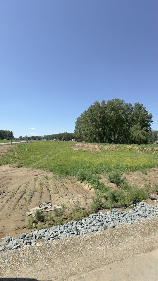 На изображении представлена открытая зеленая территория с участками земли, на которых растут травы и небольшие кустарники. Видны участки с рыхлой почвой, возможно, подготовленные для посадки. Слева расположена линия из камней, которая может служить границей или дренажной системой. Вдалеке виднеются деревья, создающие естественный фон. Пространство выглядит ухоженным, с яркими оттенками зелени, что придает ему свежий и живописный вид. Отсутствие строений и других объектов подчеркивает свободу и возможность для будущих застроек или ландшафтного дизайна.