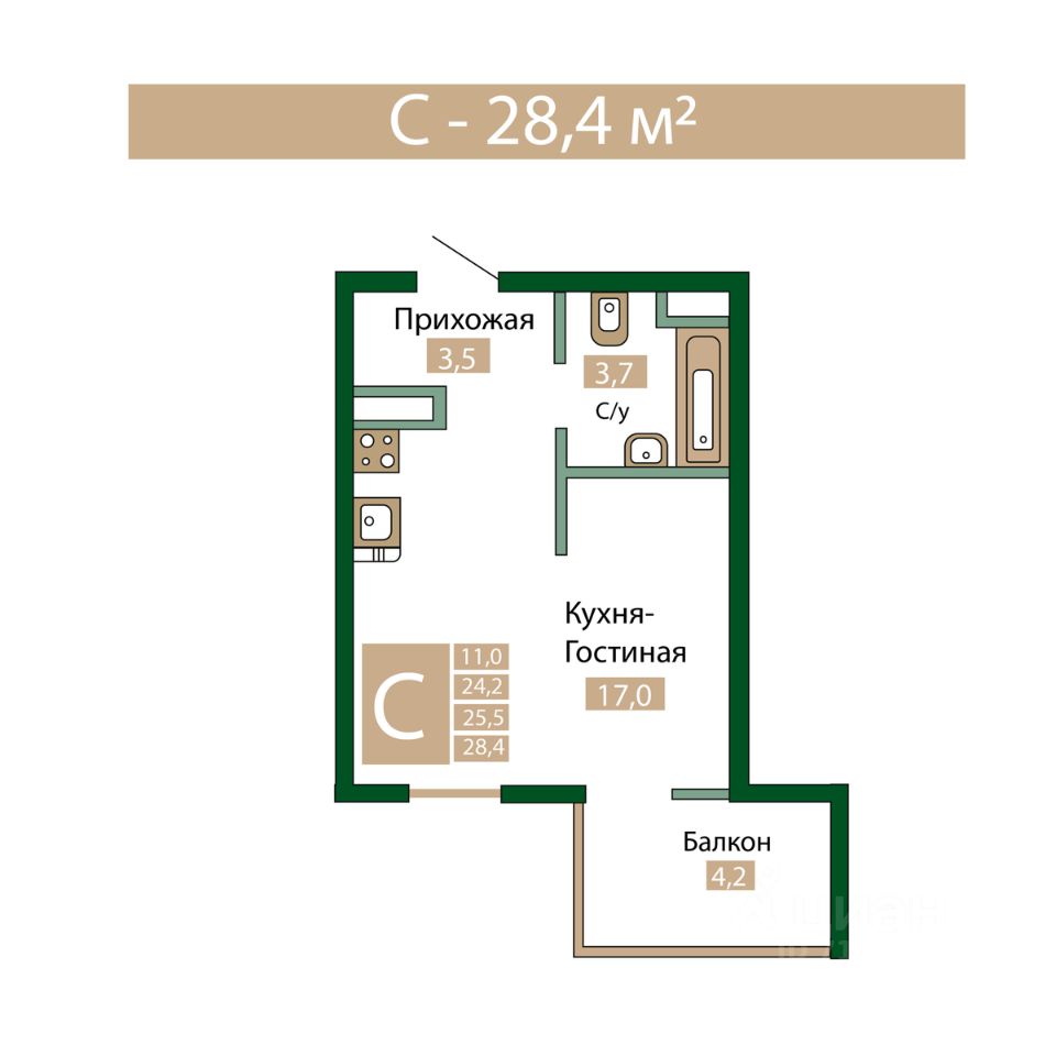 Продажа квартиры-студии 25,5м² Крым респ., Симферопольский район,  Молодежное пгт - база ЦИАН, объявление 303910801