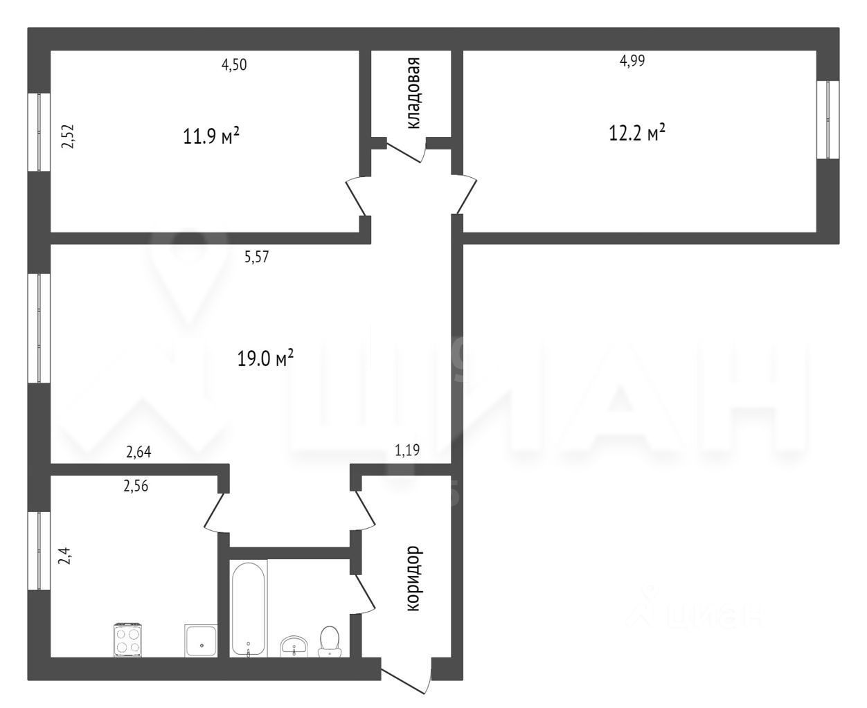 Купить трехкомнатную квартиру 58,6м² ул. Металлургов, 45В, Тула, Тульская  область - база ЦИАН, объявление 303925677