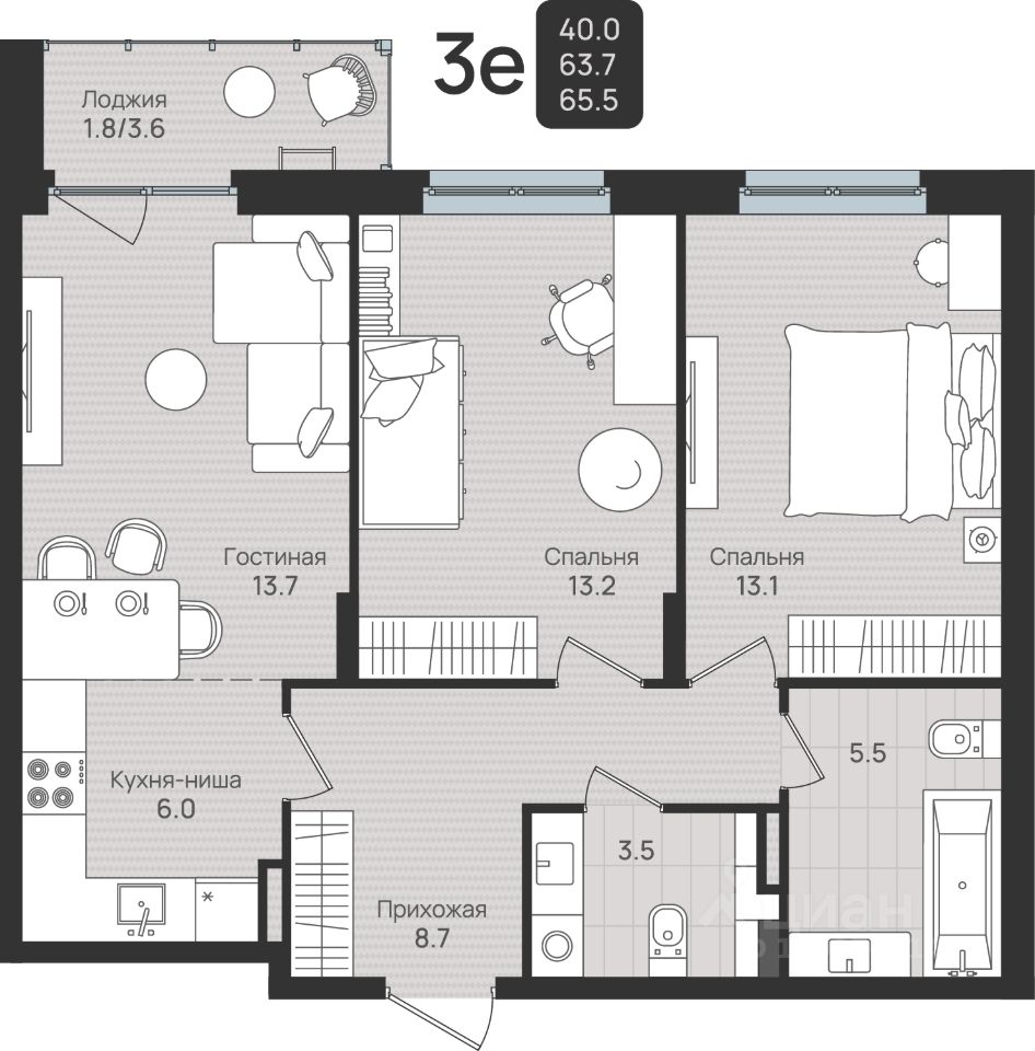 Продажа трехкомнатной квартиры 65,5м² ул. Космонавта Беляева, 210, Пермь,  Пермский край - база ЦИАН, объявление 303970117