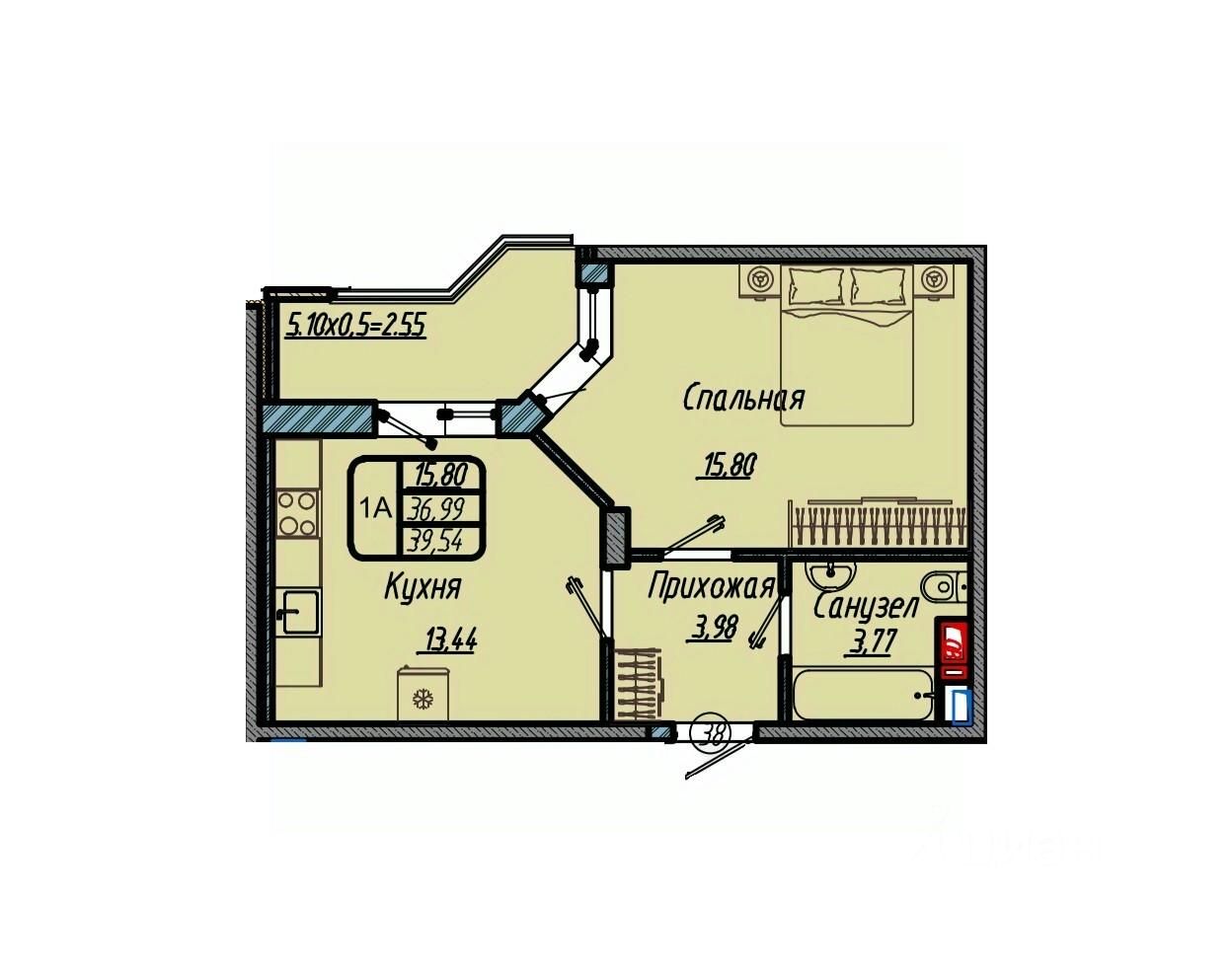 Продажа однокомнатной квартиры 39,5м² Краснодар, Краснодарский край, 9-й  километр микрорайон - база ЦИАН, объявление 304030966