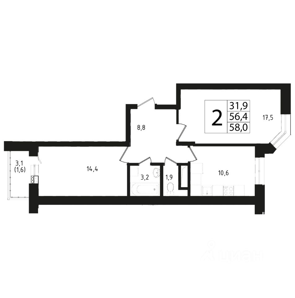 Купить двухкомнатную квартиру 56,3м² 13, Звенигород, Московская область,  Одинцовский городской округ, 3-й микрорайон, м. Крёкшино - база ЦИАН,  объявление 304063458