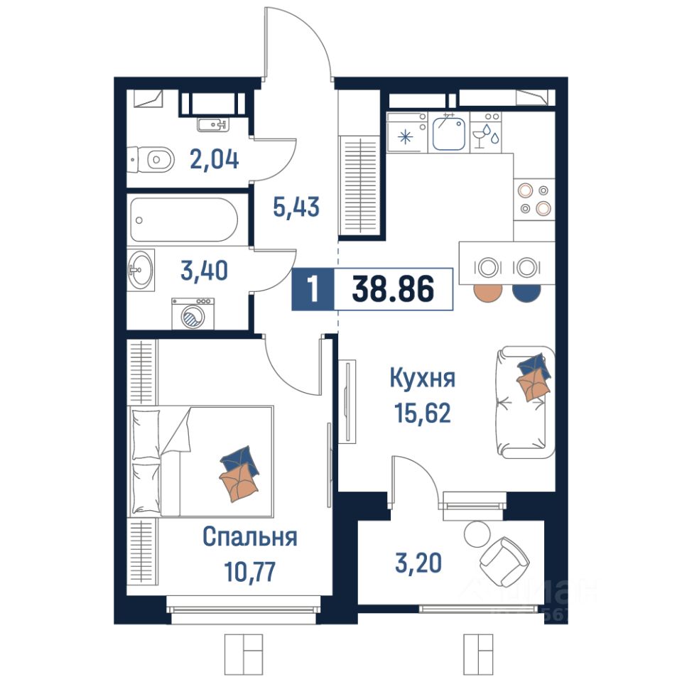 Продаю однокомнатную квартиру 38,9м² Мурино, Ленинградская область,  Всеволожский район, м. Девяткино - база ЦИАН, объявление 304068086