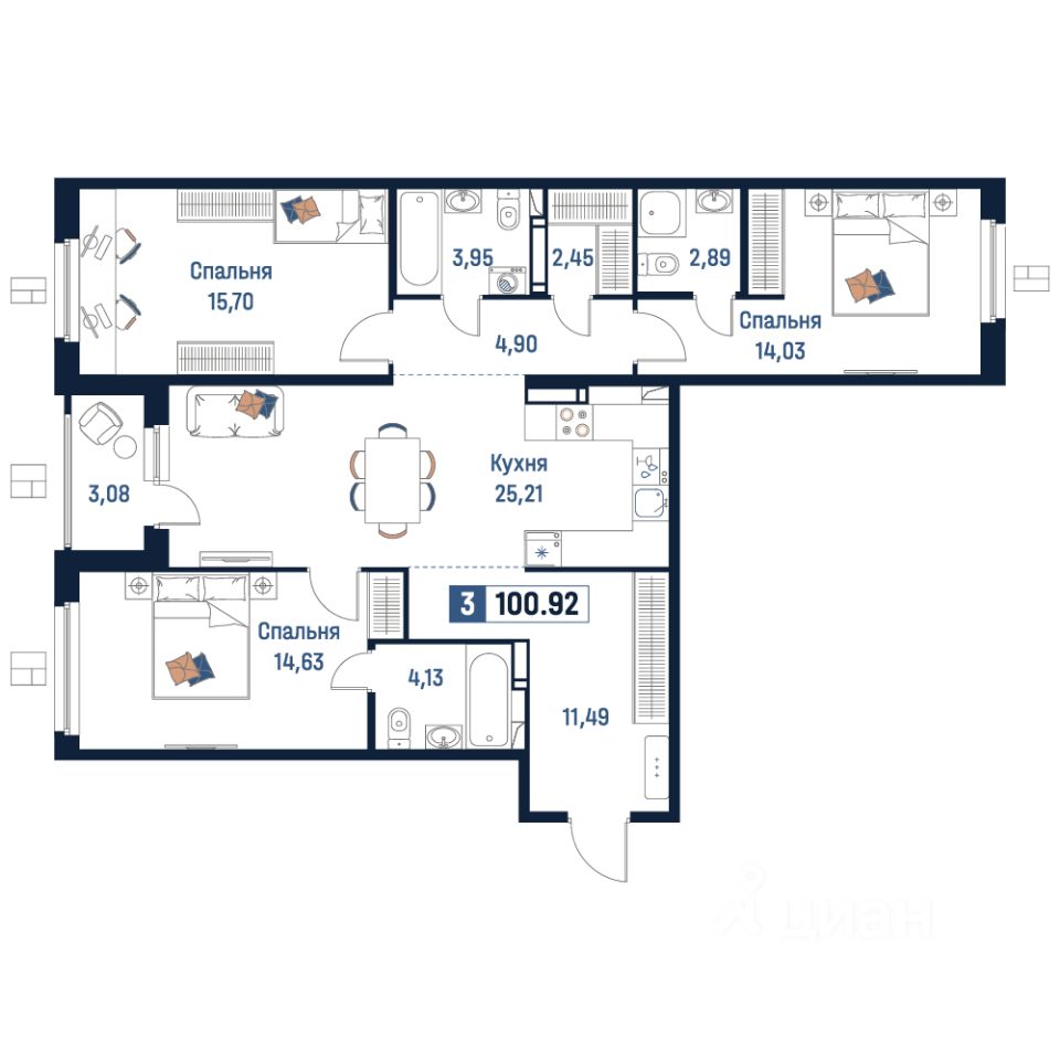 Купить трехкомнатную квартиру 100,9м² Мурино, Ленинградская область,  Всеволожский район, м. Девяткино - база ЦИАН, объявление 304068195