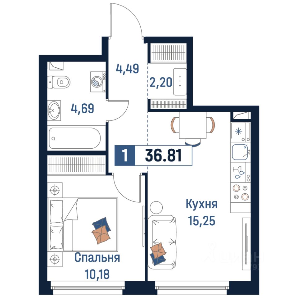 Купить однокомнатную квартиру 36,8м² Мурино, Ленинградская область,  Всеволожский район, м. Девяткино - база ЦИАН, объявление 304068414