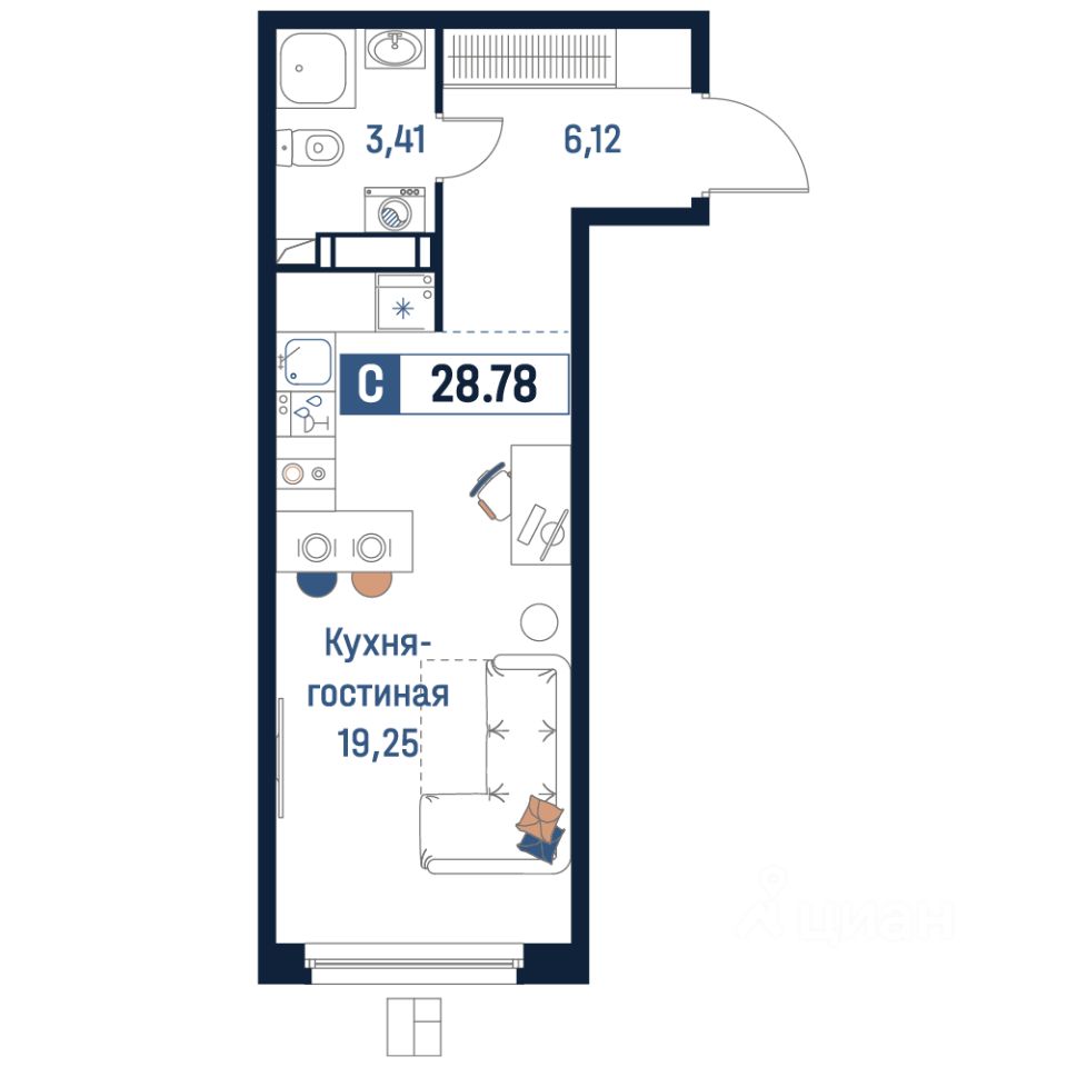 Продажа квартиры-студии 28,8м² Мурино, Ленинградская область, Всеволожский  район, м. Девяткино - база ЦИАН, объявление 304068772