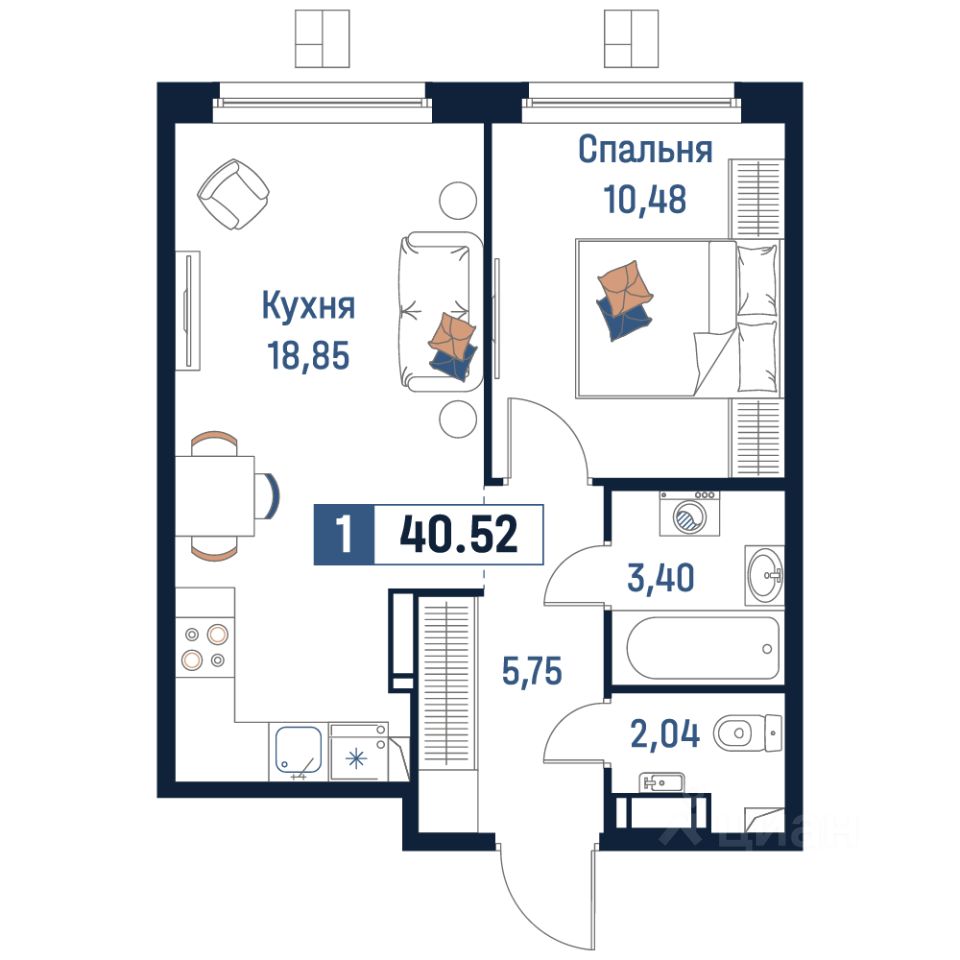 Продажа однокомнатной квартиры 40,5м² Мурино, Ленинградская область,  Всеволожский район, м. Девяткино - база ЦИАН, объявление 304068952