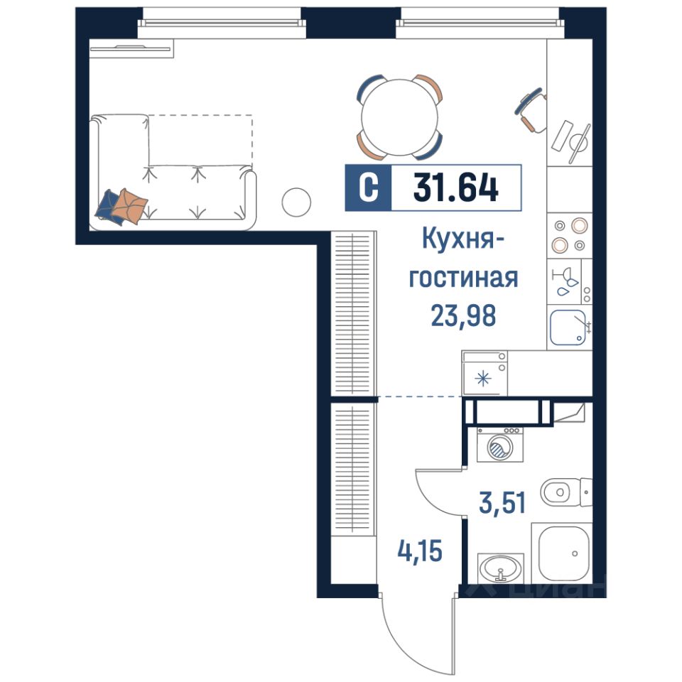 Купить квартиру-студию 31,6м² Мурино, Ленинградская область, Всеволожский  район, м. Девяткино - база ЦИАН, объявление 304069032