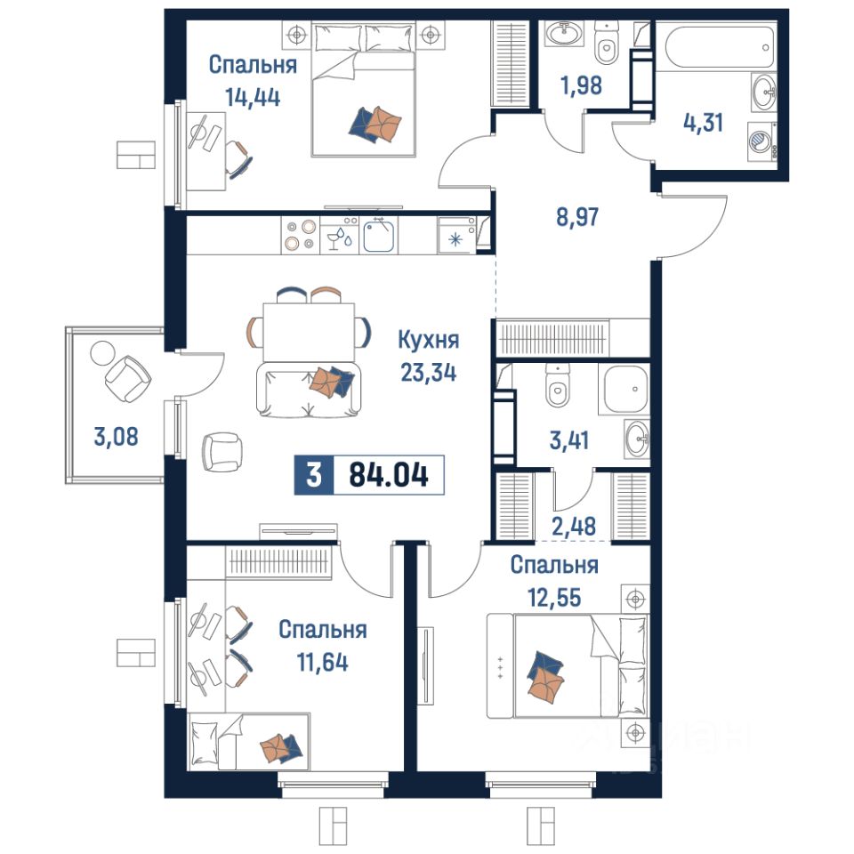 Купить трехкомнатную квартиру 84м² Мурино, Ленинградская область,  Всеволожский район, м. Девяткино - база ЦИАН, объявление 304069311