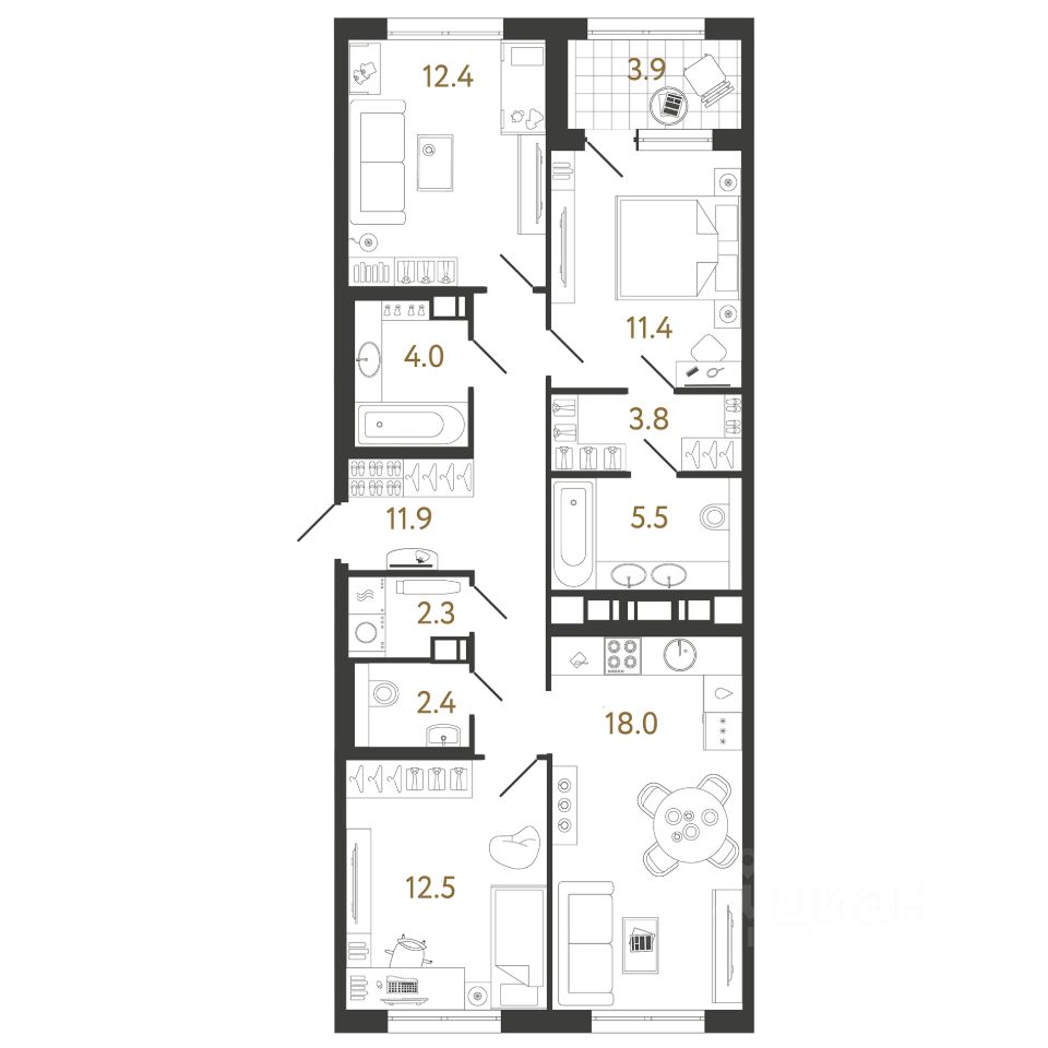 Продажа трехкомнатной квартиры 84,2м² Санкт-Петербург, м. Проспект  Просвещения - база ЦИАН, объявление 304071352