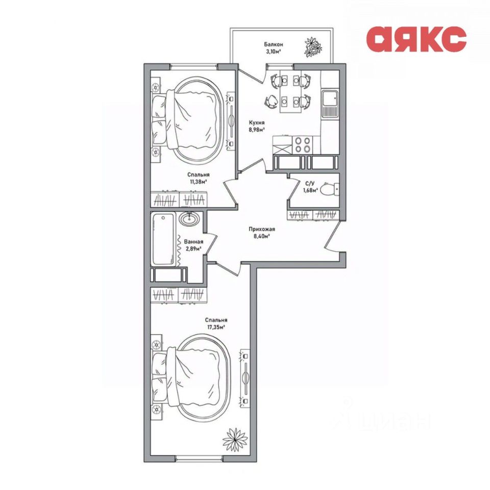 Купить двухкомнатную квартиру 51,6м² Ярославль, Ярославская область,  Северный жилой район, 12-й микрорайон - база ЦИАН, объявление 304074096