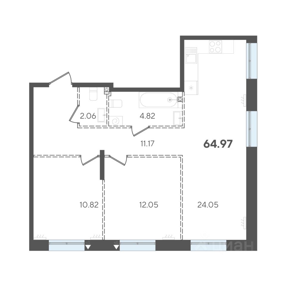 Купить двухкомнатную квартиру 65м² ул. Старообрядческая, Казань, Татарстан  респ., м. Площадь Тукая - база ЦИАН, объявление 304160634