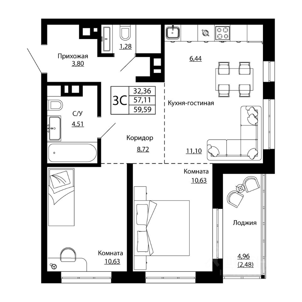 Продажа трехкомнатной квартиры 58,6м² ул. Текучева, 370/2, Ростов-на-Дону,  Ростовская область - база ЦИАН, объявление 304227838