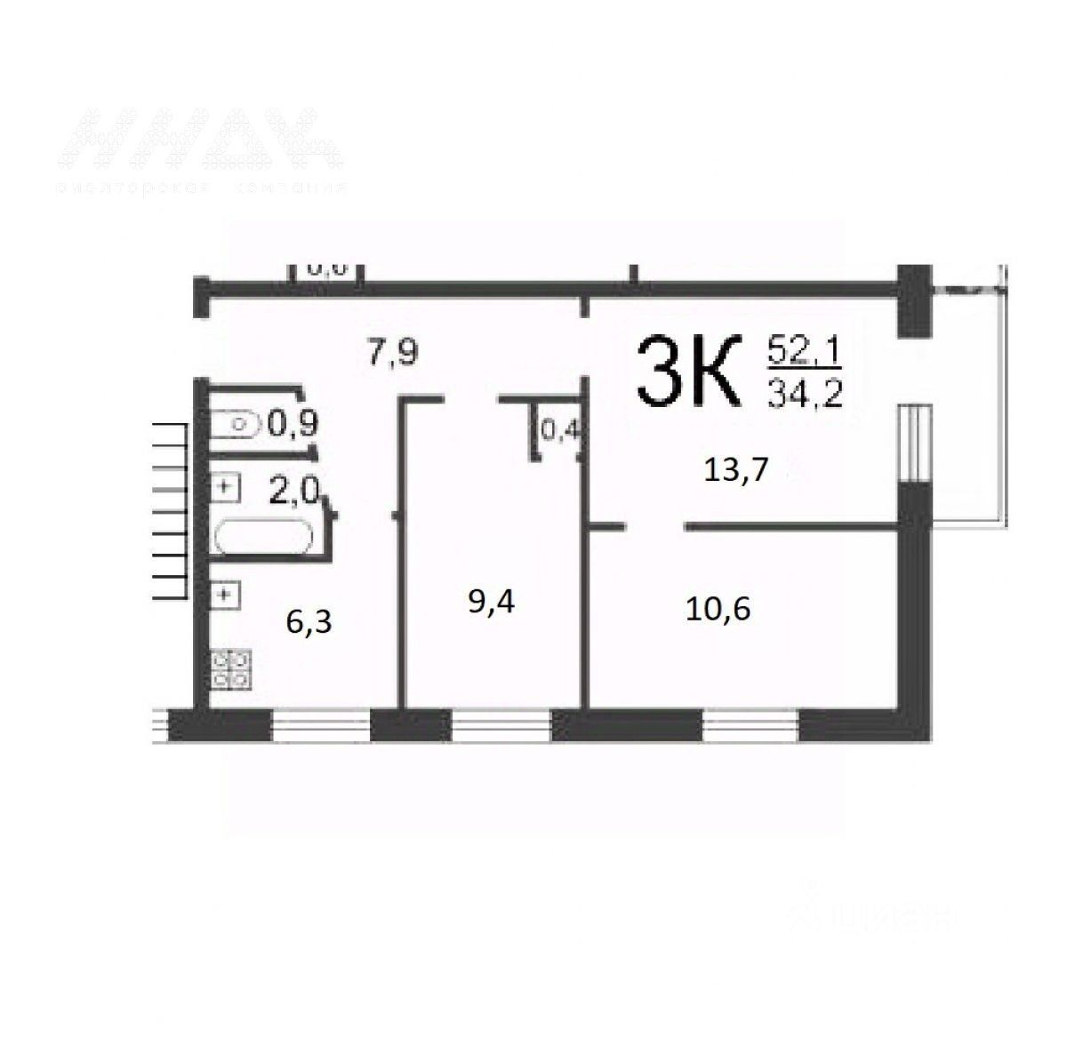 Продаю трехкомнатную квартиру 52,3м² Газовская ул., 11, Нижний Новгород,  Нижегородская область - база ЦИАН, объявление 304275149