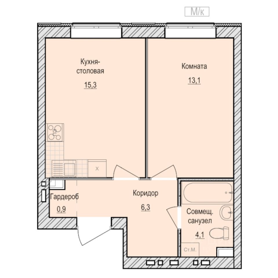 1-комн.кв., 39,7 м², 1/6 этаж
