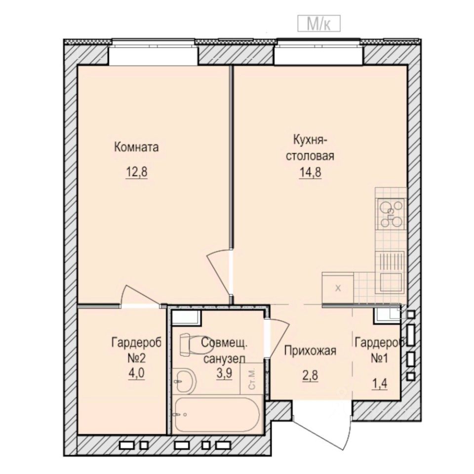 1-комн.кв., 39,7 м², 2/6 этаж