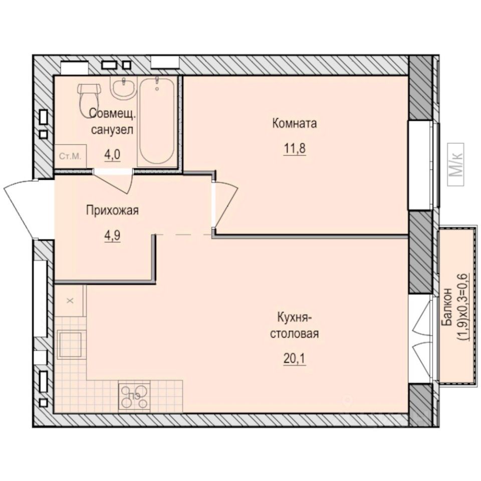 1-комн.кв., 41,4 м², 1/6 этаж