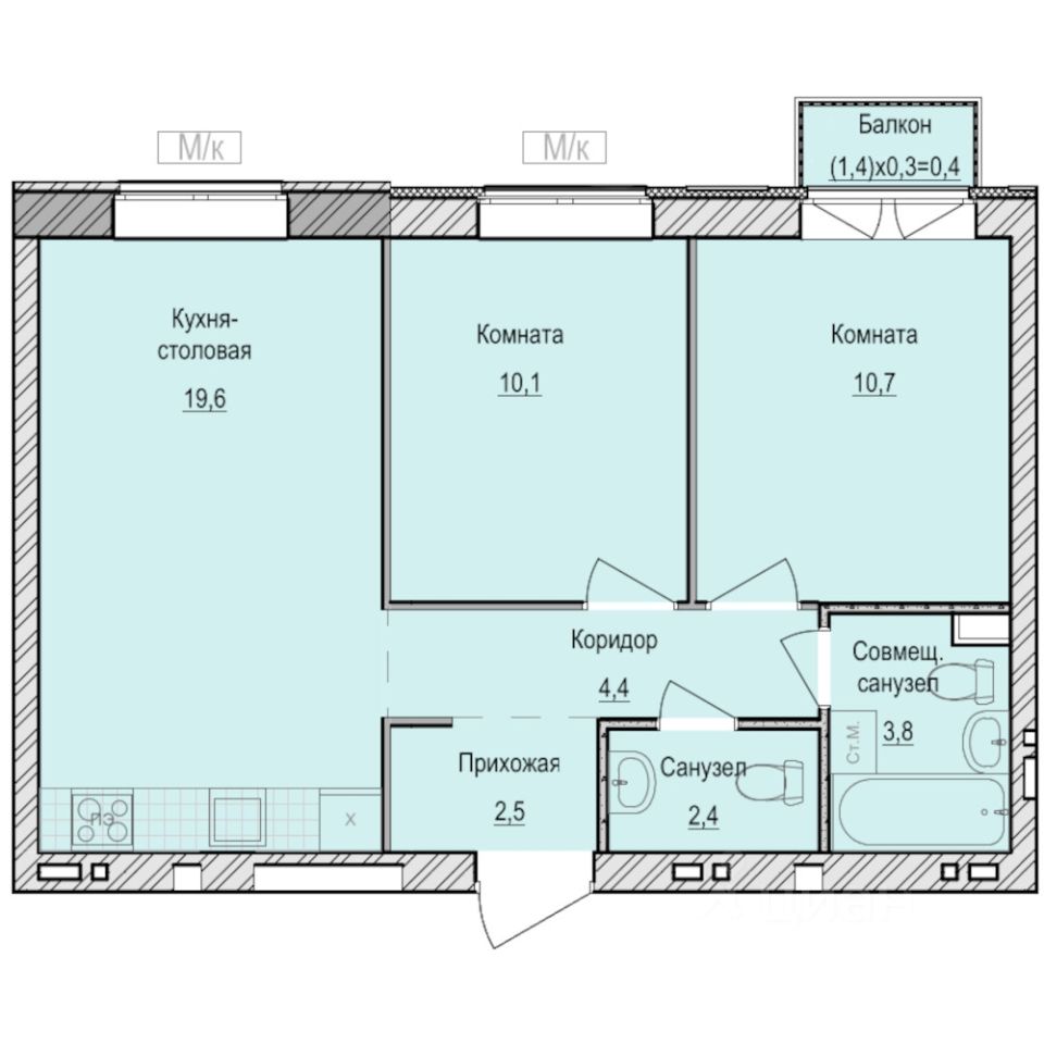 2-комн.кв., 53,9 м², 2/6 этаж
