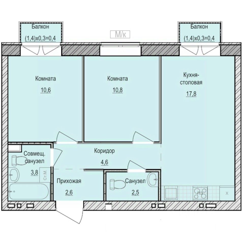 2-комн.кв., 53,5 м², 5/6 этаж