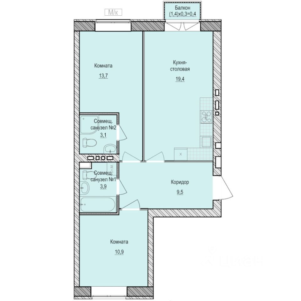 2-комн.кв., 60,9 м², 3/6 этаж