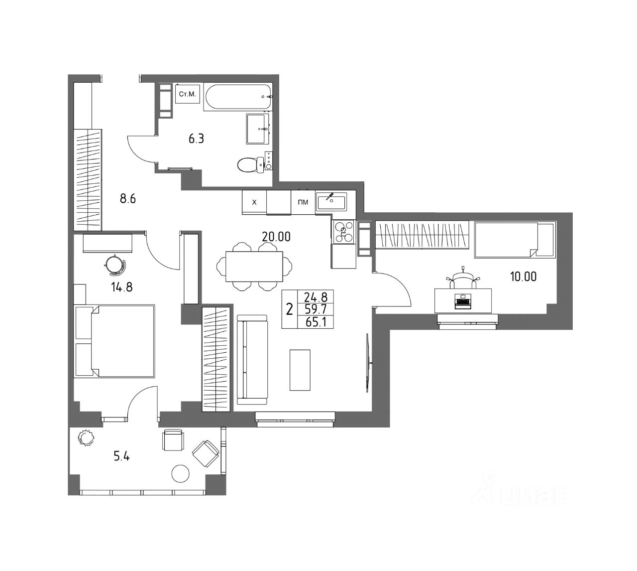 ПродаетсяКвартирасвободнойпланировки,65,1м²