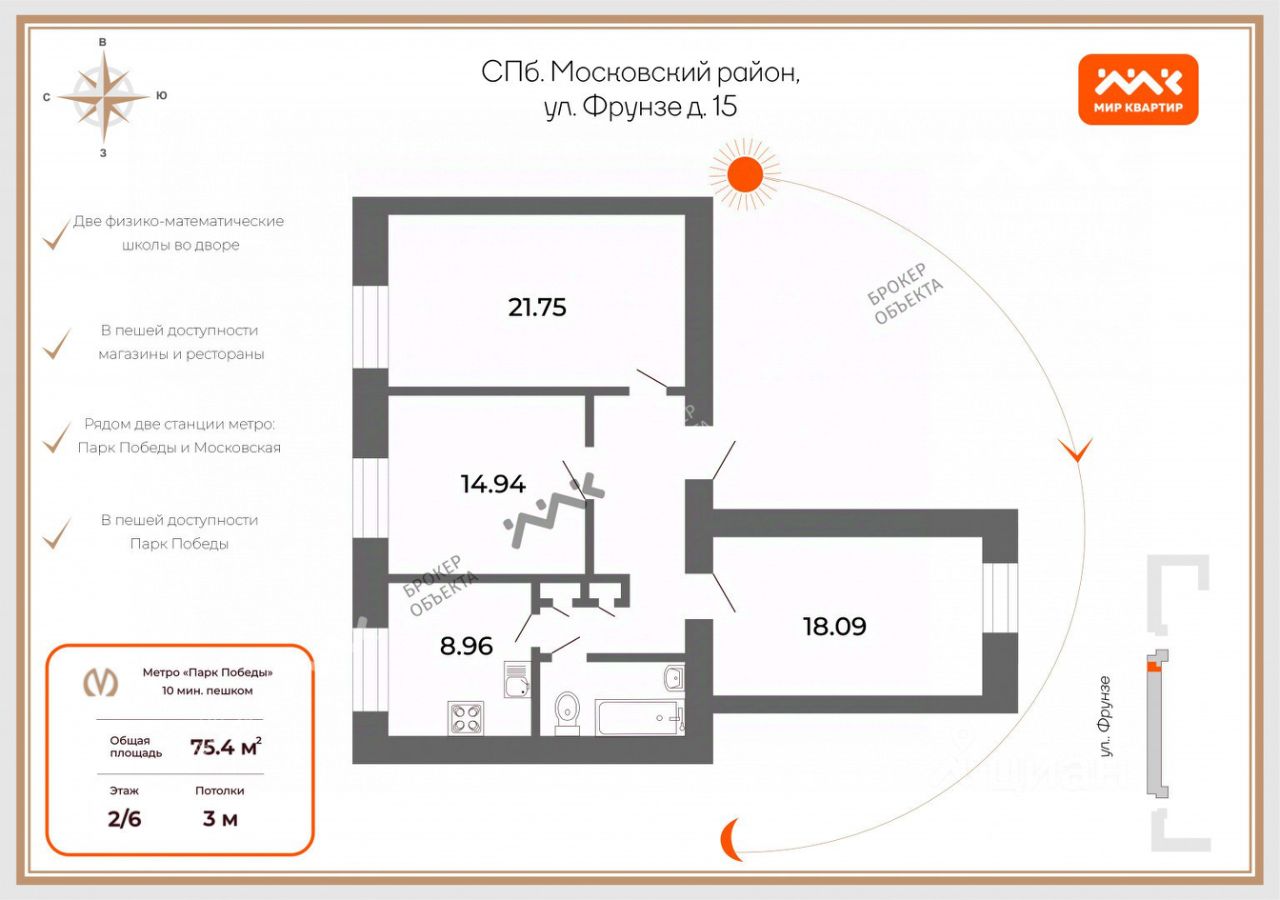 Купить 3-комнатную квартиру на улице Фрунзе в Санкт-Петербурге, продажа  трехкомнатных квартир во вторичке и первичке на Циан. Найдено 6 объявлений