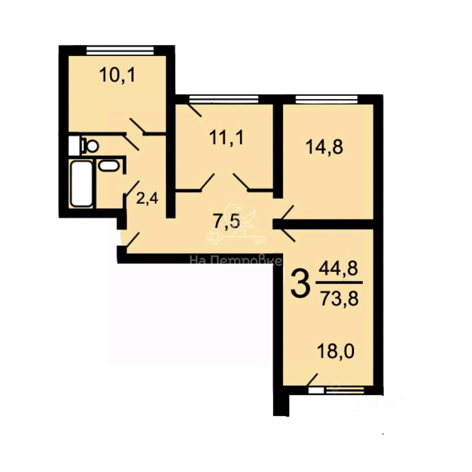 Продается3-комн.квартира,73,7м²