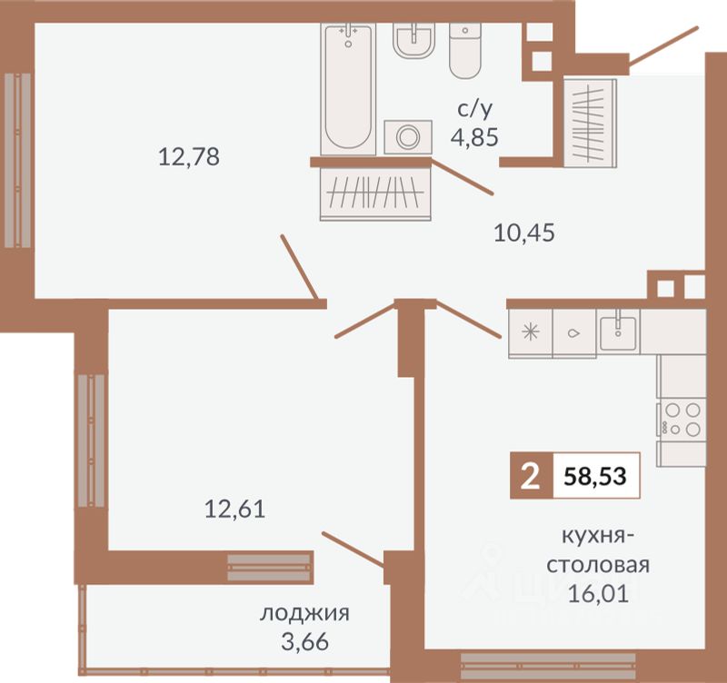 Продается2-комн.квартира,58,53м²