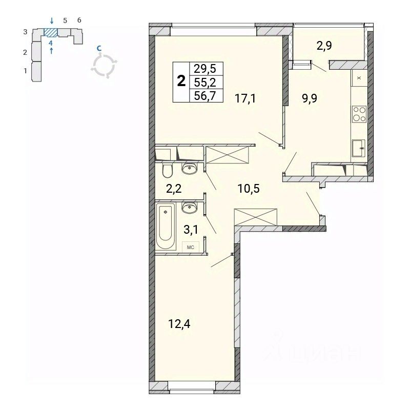 Продается2-комн.квартира,57,1м²