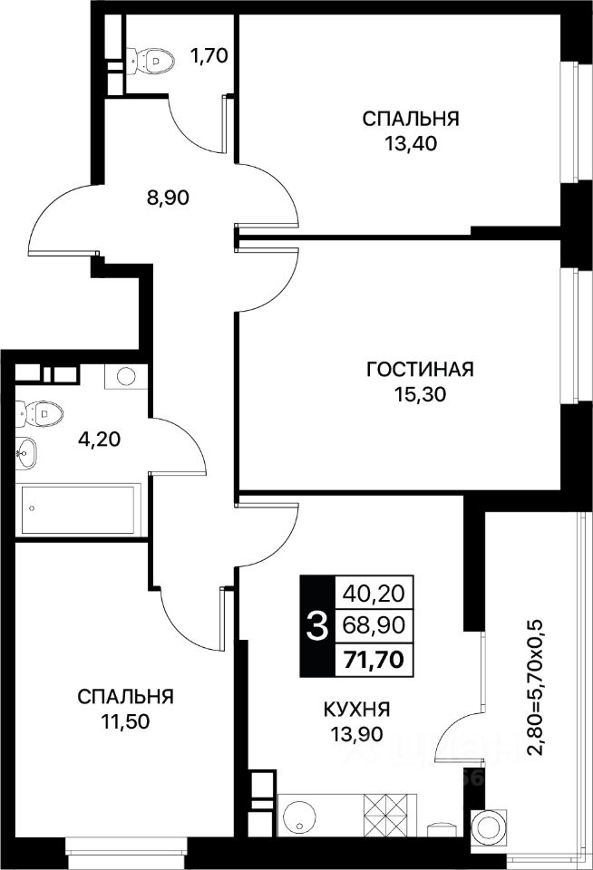 Продается3-комн.квартира,71,7м²