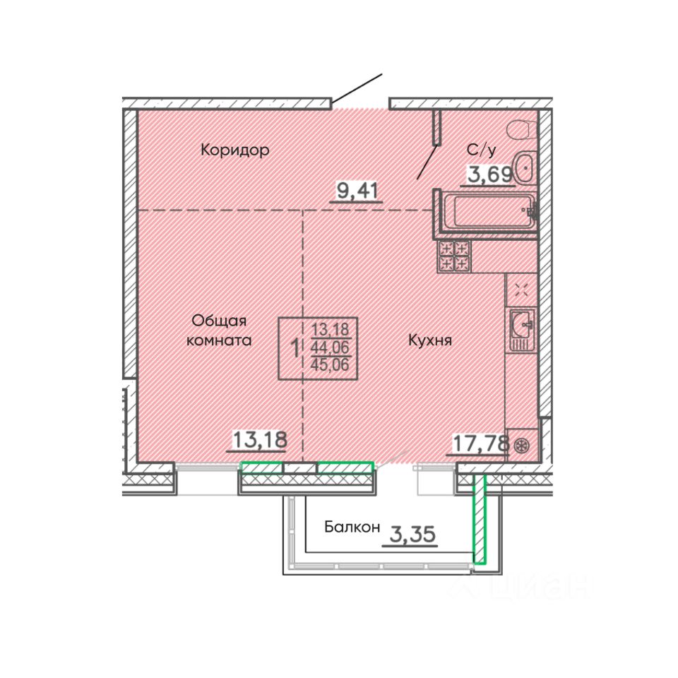 ПродаетсяКвартирасвободнойпланировки,45,06м²