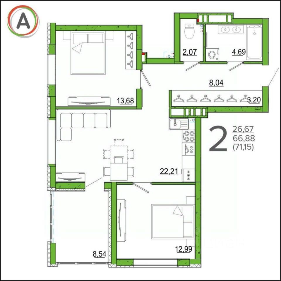 Продается2-комн.квартира,71,15м²