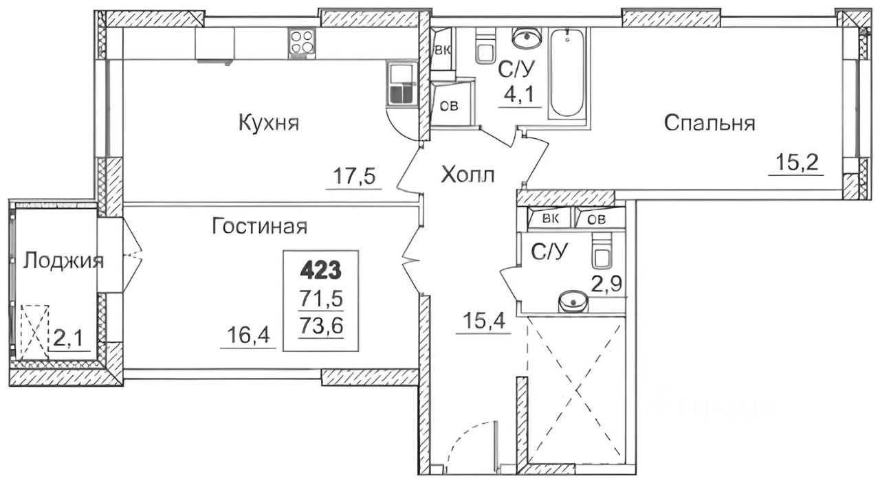 Планировка этой квартиры по данным Циан