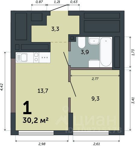 Продается1-комн.квартира,30,2м²