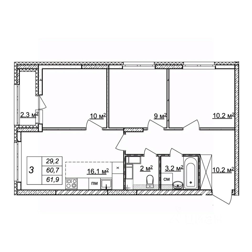 Продается3-комн.квартира,61,9м²