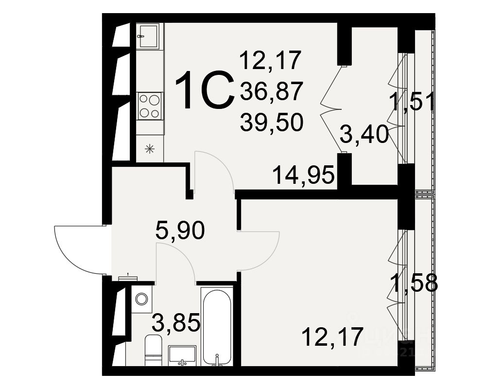 1-комн.кв., 39,5 м², 19/25 этаж
