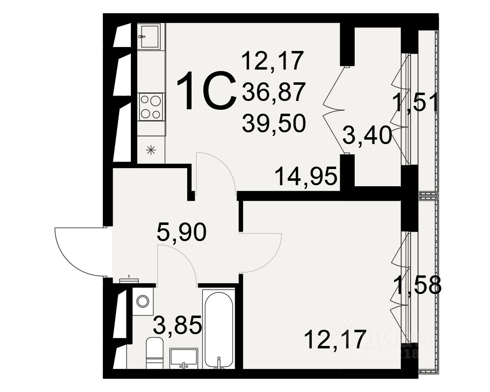 1-комн.кв., 39,5 м², 21/25 этаж