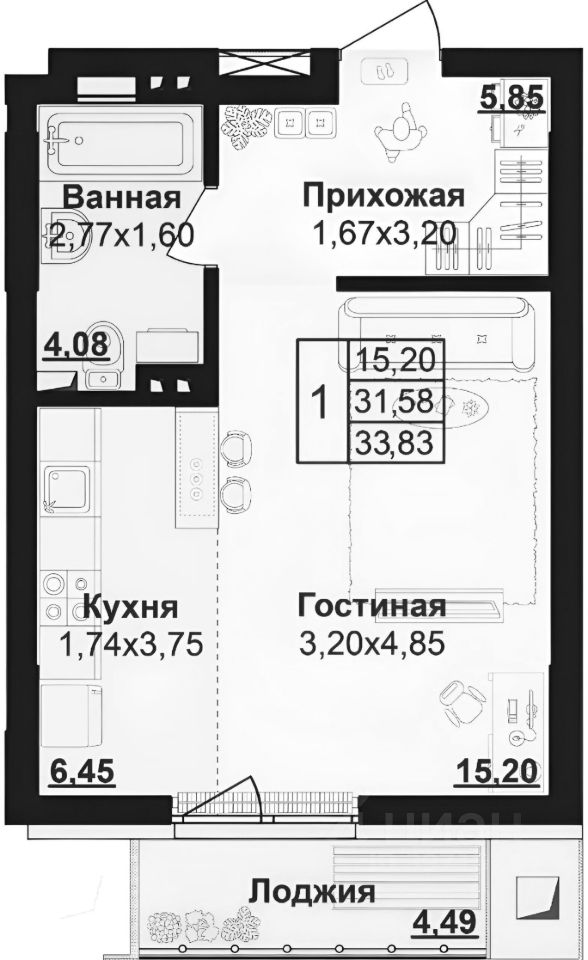 Планировка этой квартиры по данным Циан