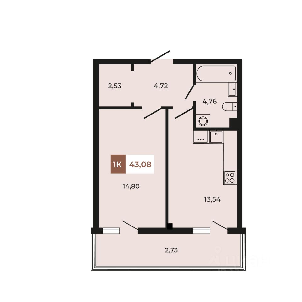 1-комн.кв., 43,1 м², 1/8 этаж