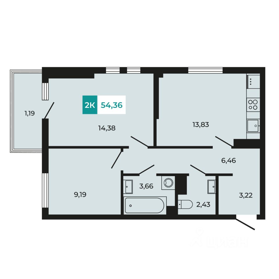 2-комн.кв., 54,4 м², 7/8 этаж