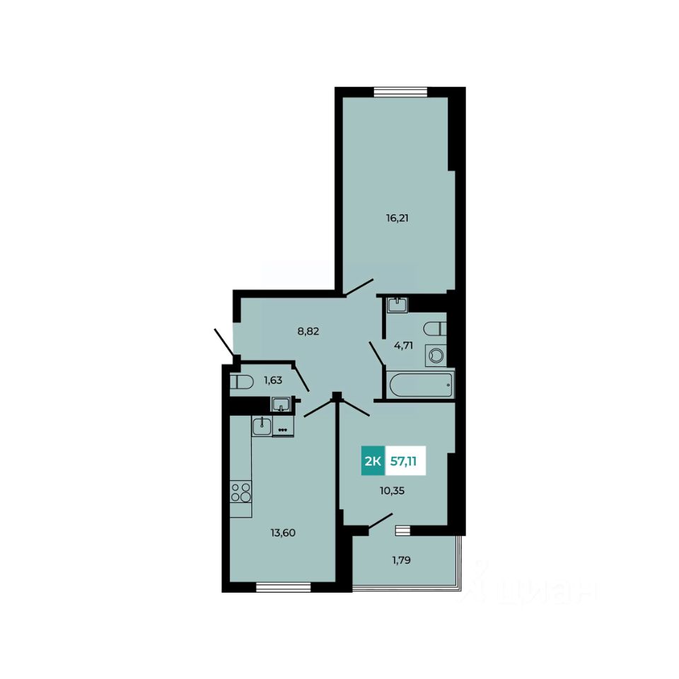 2-комн.кв., 57,2 м², 3/8 этаж